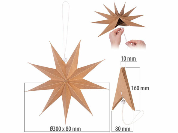 étoile pliable en carton 30 cm avec dimensions et vue du déploiement de l'étoile