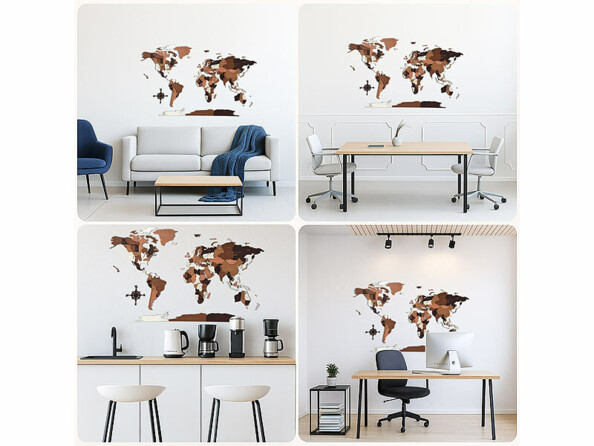 Carte du monde murale adhésive 3D en bois