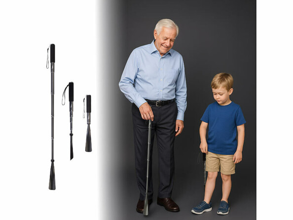 Chausse-pied extensible en aluminium mise en situation avec une personne âgée et un enfant l'utilisant