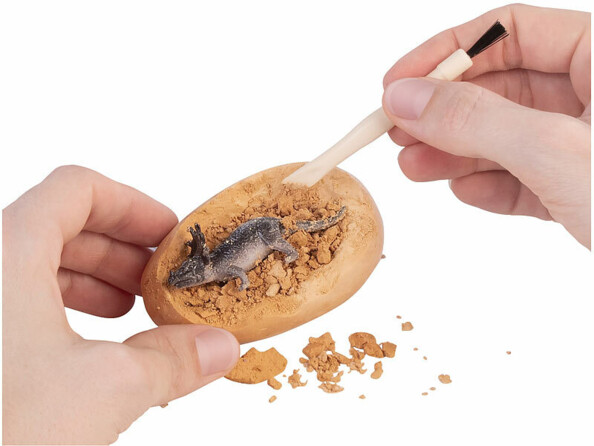 oeuf de dinosaure en plâtre entrain d'être ouvert avec des outils