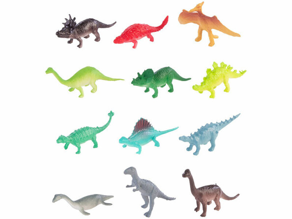 12 dinosaures en plastique colorés