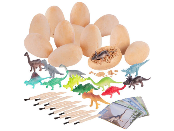 kit de fouilles avec 12 oeufs de dinosaures en plâtre et fiches 