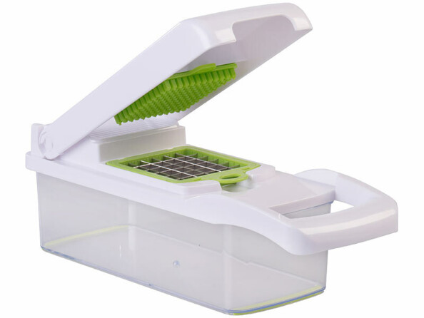 Coupe-légumes multifonction vu de 3/4 couvercle ouvert