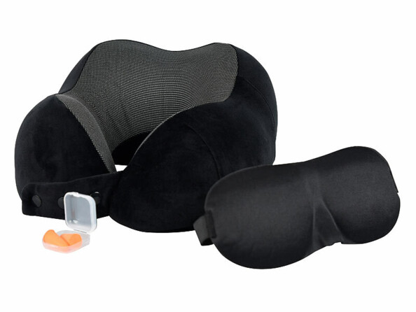 Coussin cervical à mémoire de forme avec masque de sommeil et bouchons d’oreille