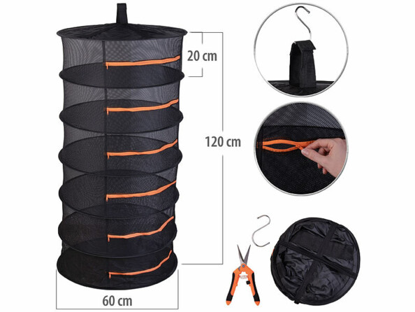 Filet de séchage 6 étages à suspendre replié dans sa housse et sécateur avec mesure en cm