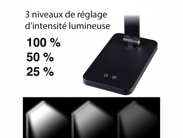 Lampe de bureau rechargeable LED CCT 280 lm avec les vues des trois intensités lumineuses
