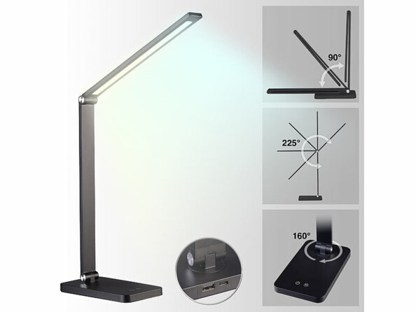 Lampe de bureau rechargeable LED CCT 280 lm avec vues sur les angles de rotation