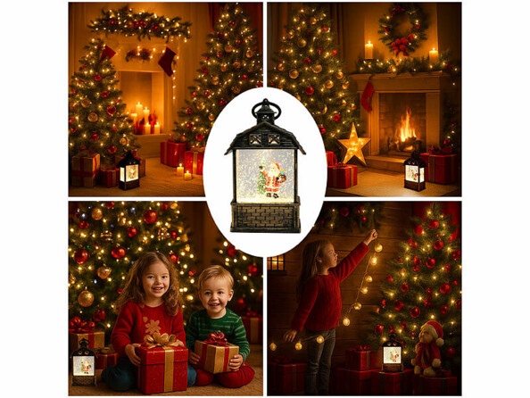 Lanterne de Noël avec Père Noël et flocons scintillants