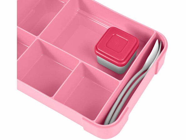 Lunchbox 1300 ml à 5 compartiments - coloris rose vu de dessus avec couverts
