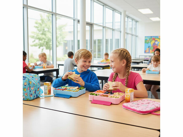 enfants à la table de la cantine avec des lunchbox 1300 ml bleues et roses