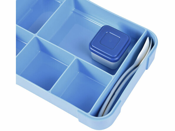 Lunchbox 1300 ml avec 5 compartiments coloris bleu vu de dessus avec couverts et récipient vinaigrette