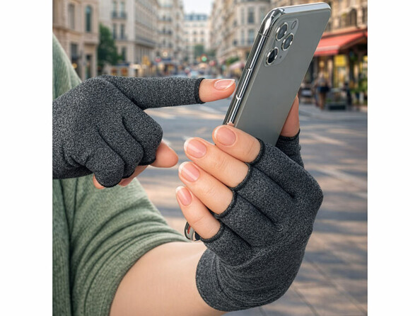 mitaines de compression portées par des mains tenant un smartphone
