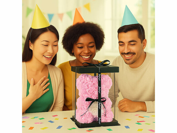 Ourson en roses artificielles avec boîte cadeau