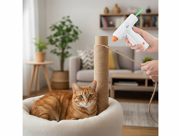 Pistolet à colle sans fil rechargeable mis en situation pour coller du fil sur un arbre à chats