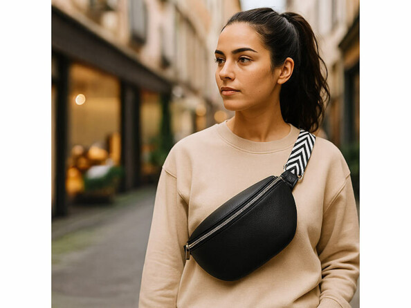 Sac banane bandoulière aspect cuir porté par un mannequin dans une rue