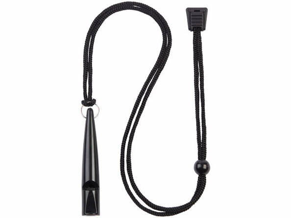Sifflet pour chien à fréquence classique vu de face avec son cordon