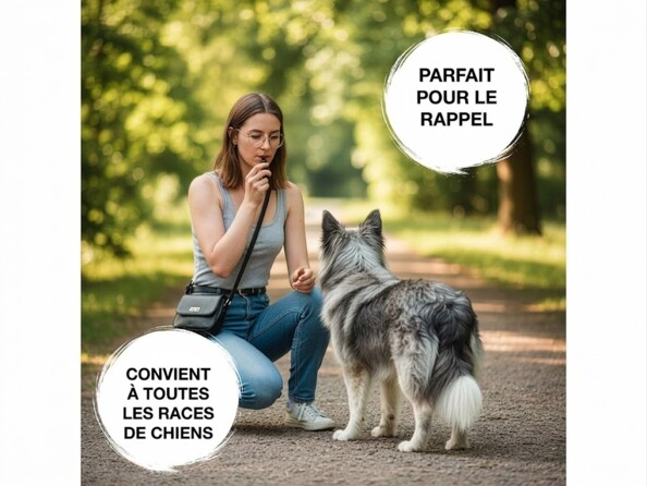 mise en situuation avec maitresse utilisant le sifflet de dressage et son chien bulles avec texte