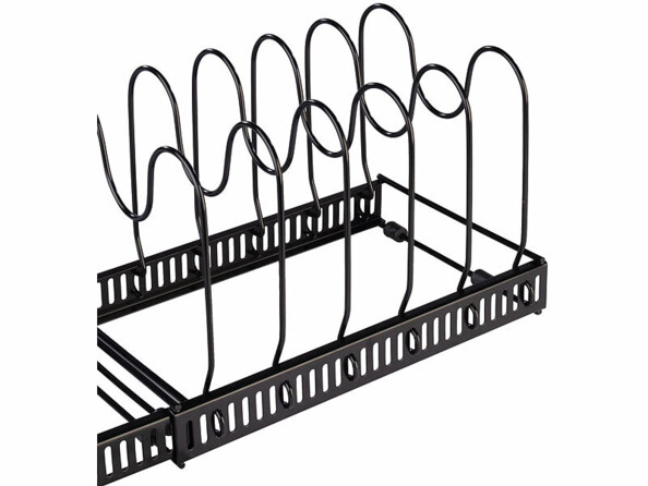 vue zoomée sur support extensible 14 compartiments pour casseroles et poêles