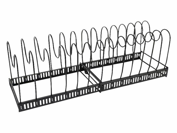 Support extensible avec 14 compartiments pour casseroles et poêles vu de face