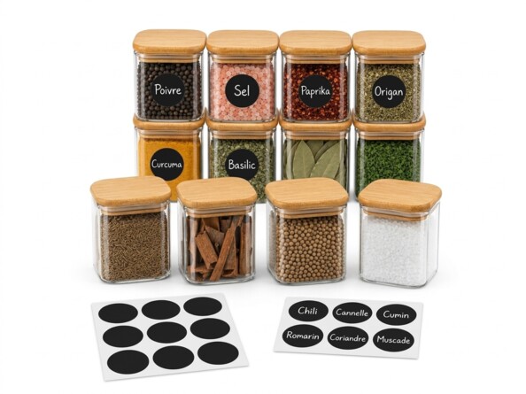 12 bocaux à épices en verre 200 ml
