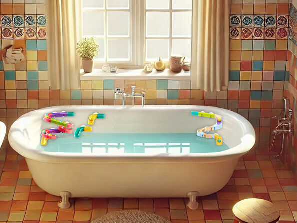 Mise en situation des deux circuits à billes dans une baignoire remplie d'eau