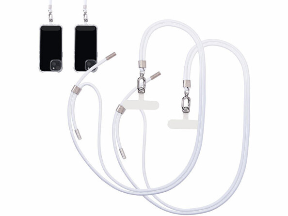 2 cordons tour de cou pour smartphone - coloris blanc / métal argenté