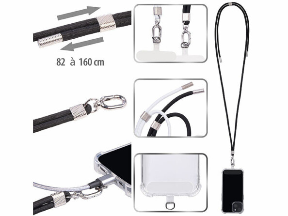2 cordons tour de cou pour smartphone - coloris blanc & noir
