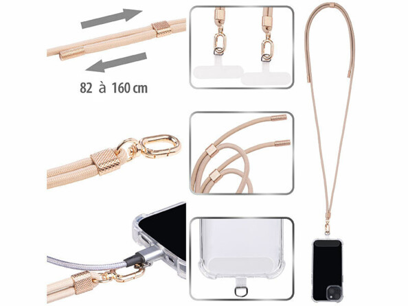 2 cordons tour de cou pour smartphone - coloris doré / métal doré