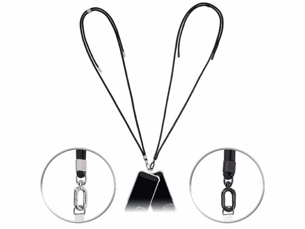 2 cordons tour de cou pour smartphone noir / métal argenté noir