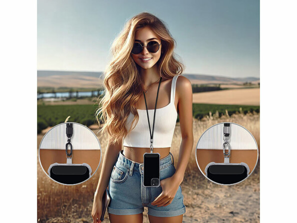 2 cordons tour de cou pour smartphone noir / métal argenté noir