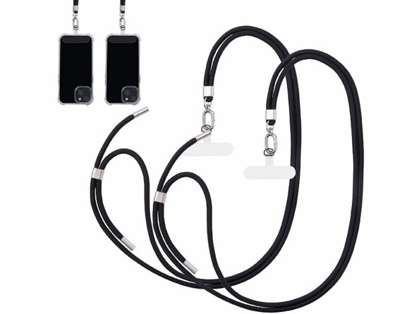 2 cordons tour de cou pour smartphone - coloris noir / métal argenté