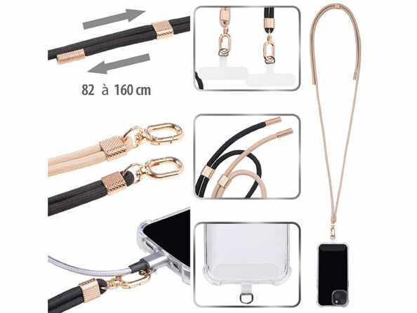 2 cordons tour de cou pour iPhone or & noir