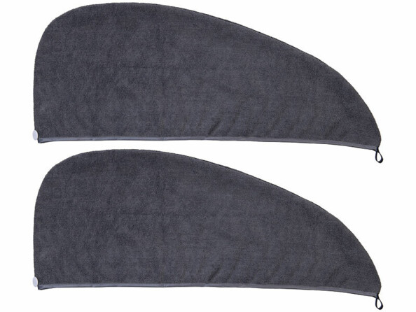 2 serviettes turbans grises en microfibres pour cheveux dépliées vues de dessus