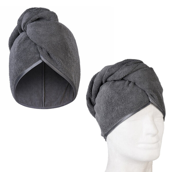 2 serviettes turbans grises en microfibres pour cheveux dont une sur une tte de mannequin