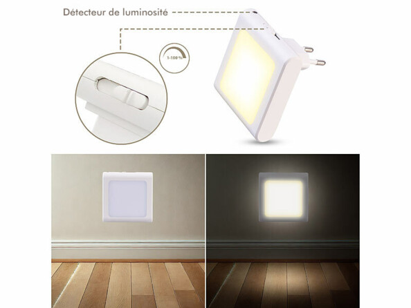 2 veilleuses sur prise de courant avec capteur d'obscurité