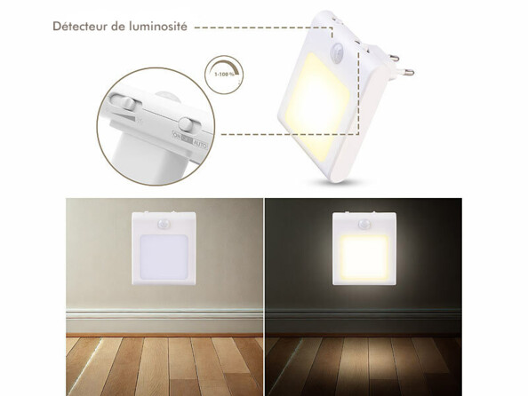 2 veilleuses secteur avec détecteur de mouvement et luminosité réglable