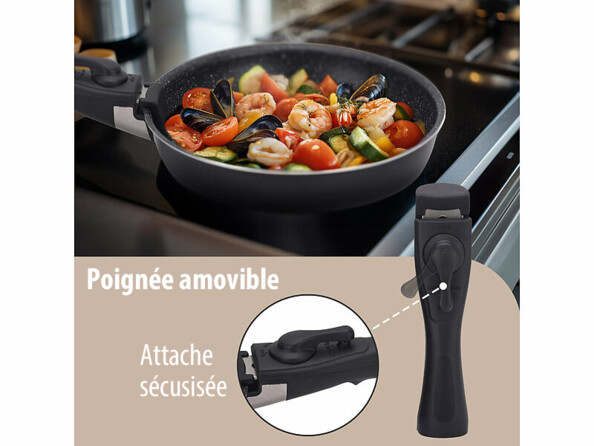 poêle anti-adhésive avec poignée amovible