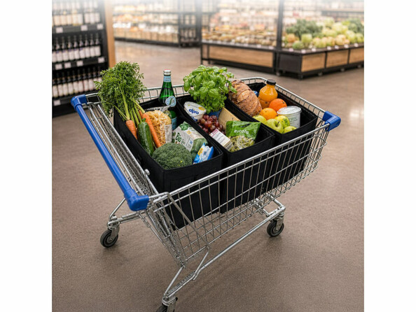 mise en situation dans un chriot de supermarché des 3 sacs de courses pliables 26,7 L