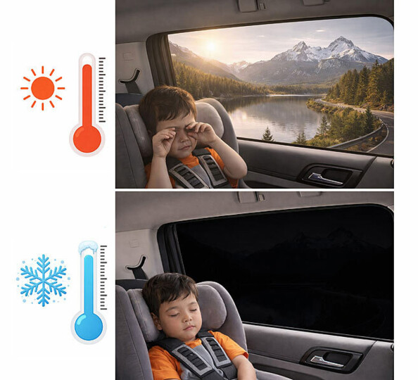 mise en situation d'un pare-soleil occultant avec enfant dans une voiture
