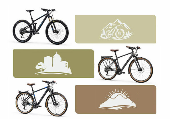 3 vélos avec pictogrammes pour VTT, randonneur et vélo de ville