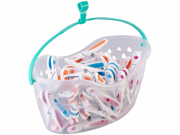 48 pinces à linge en 3 couleurs avec panier