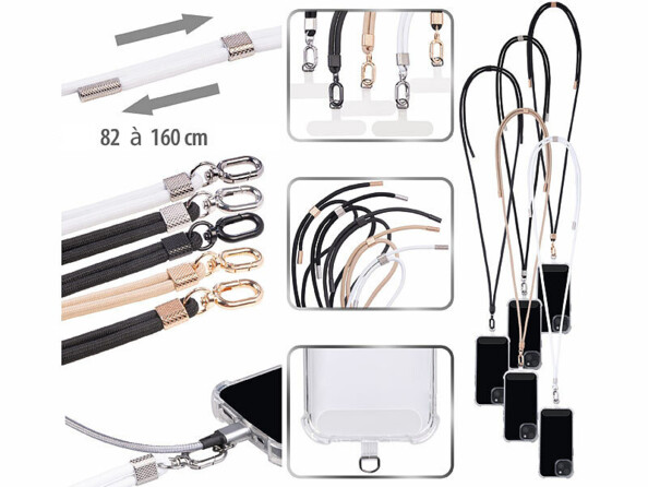 5 cordons tour de cou pour smartphone blanc noir doré argenté