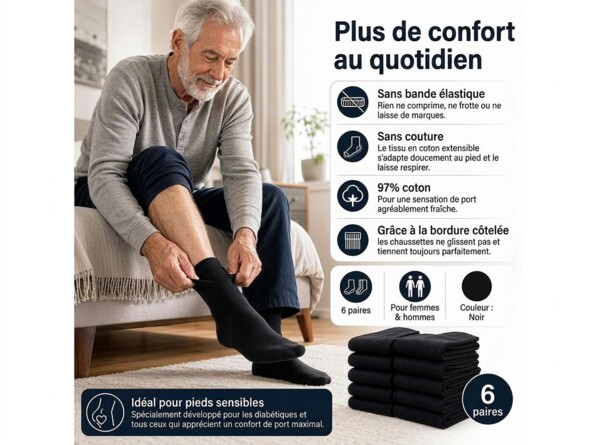 6 paires de chaussettes unisexes pour diabétique - taille 43-46