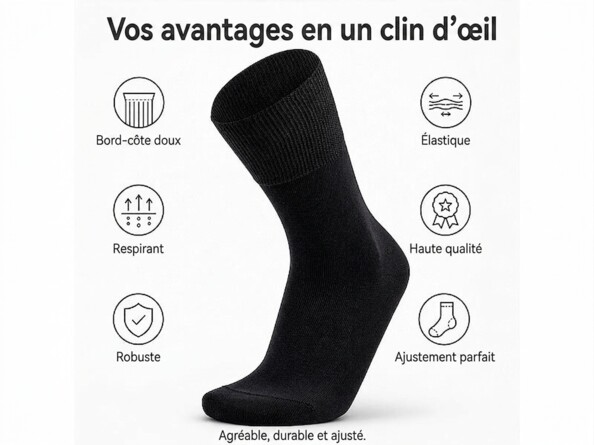 Lot 6 paires chaussettes diabétique, chaussette noire et ses six pictogrammes techniques autour