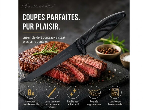 8 couteaux à steak dentelés en acier inoxydable