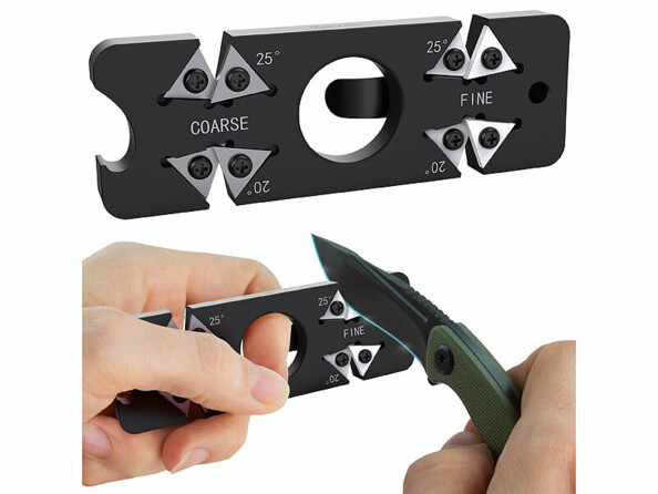 Aiguiseur manuel de poche pour couteaux avec décapsuleur et clip ceinture