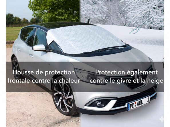 Vue rapprochée d'une bâche de protection thermique réfléchissante couvrant le toit et le pare-brise d'une voiture bicolore (gris argenté et noir) de marque Renault. L'arrière-plan de l'image est divisé verticalement entre un paysage d'été verdoyant à gauc