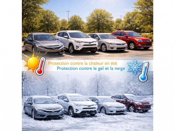 Collage de deux scènes de parking montrant les quatre mêmes voitures (Honda, Toyota, Subaru) dans deux conditions météorologiques différentes. Le panneau supérieur montre les voitures dans un parking d'été ensoleillé avec des arbres feuillus, accompagné d