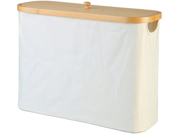 Boîte en tissu beige Infactory au couvercle bois avec poignée découpée de trois quarts