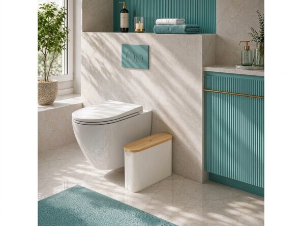 Boîte beige au sol à côté d’un WC suspendu dans une salle de bains au meuble bleu canard